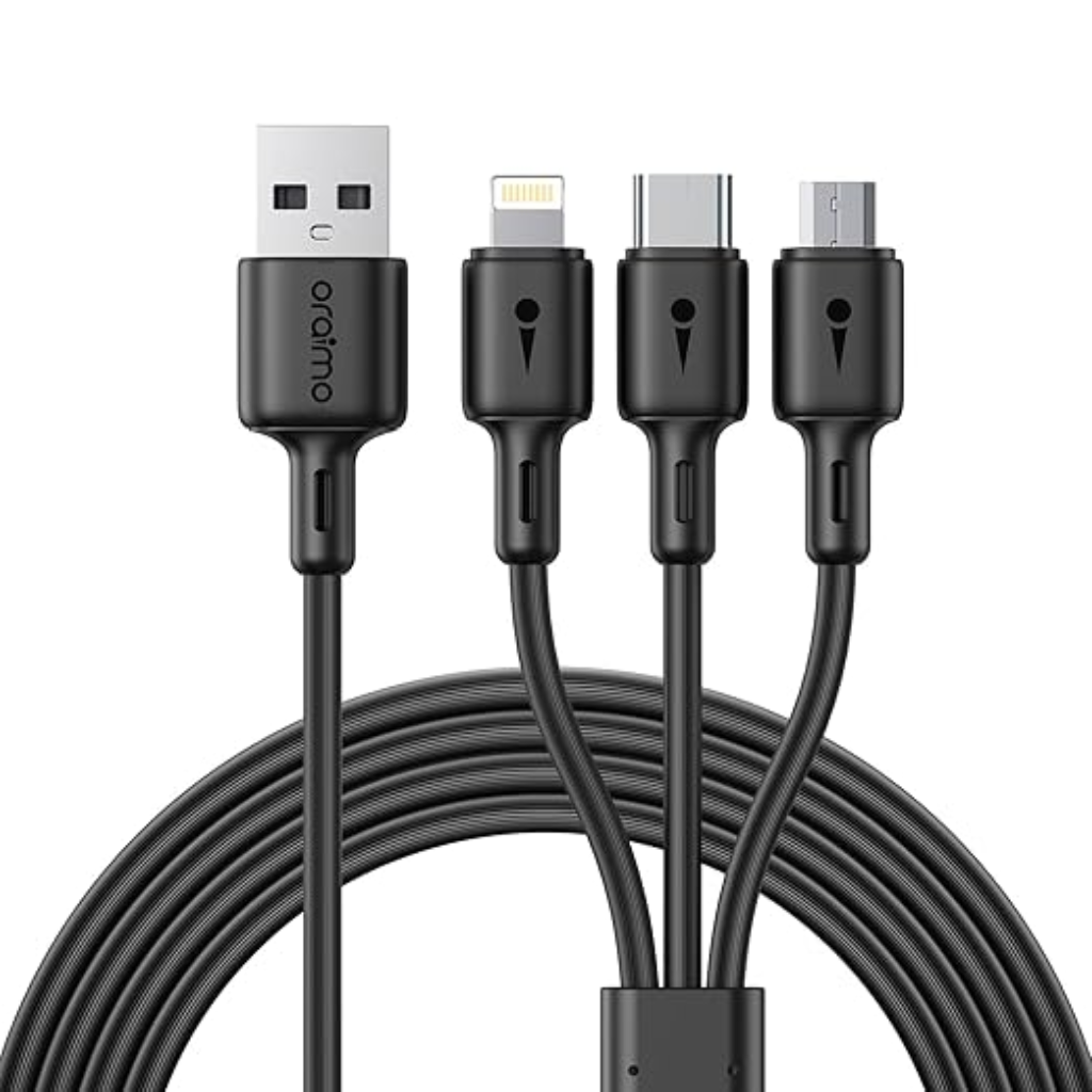 Cable 3 En 1 USB-A a Micro-USB USB-C y Lightning Oraimo Dura Line 3 3A 1.2M OCD-X93 Negro